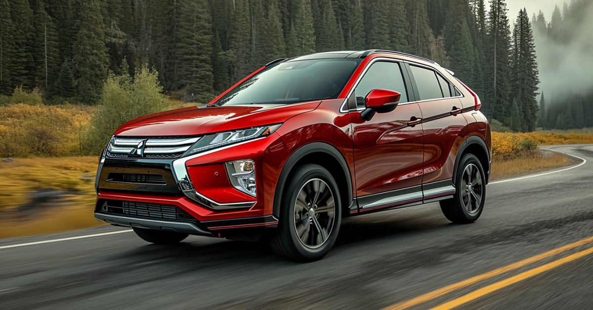 Red Mitsubishi Eclipse Cross driving on scenic, foggy mountain highway