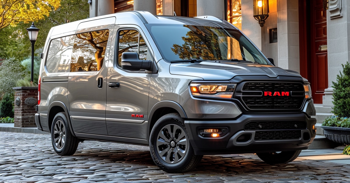 Ram Promaster City van parked in front of building on cobblestone street