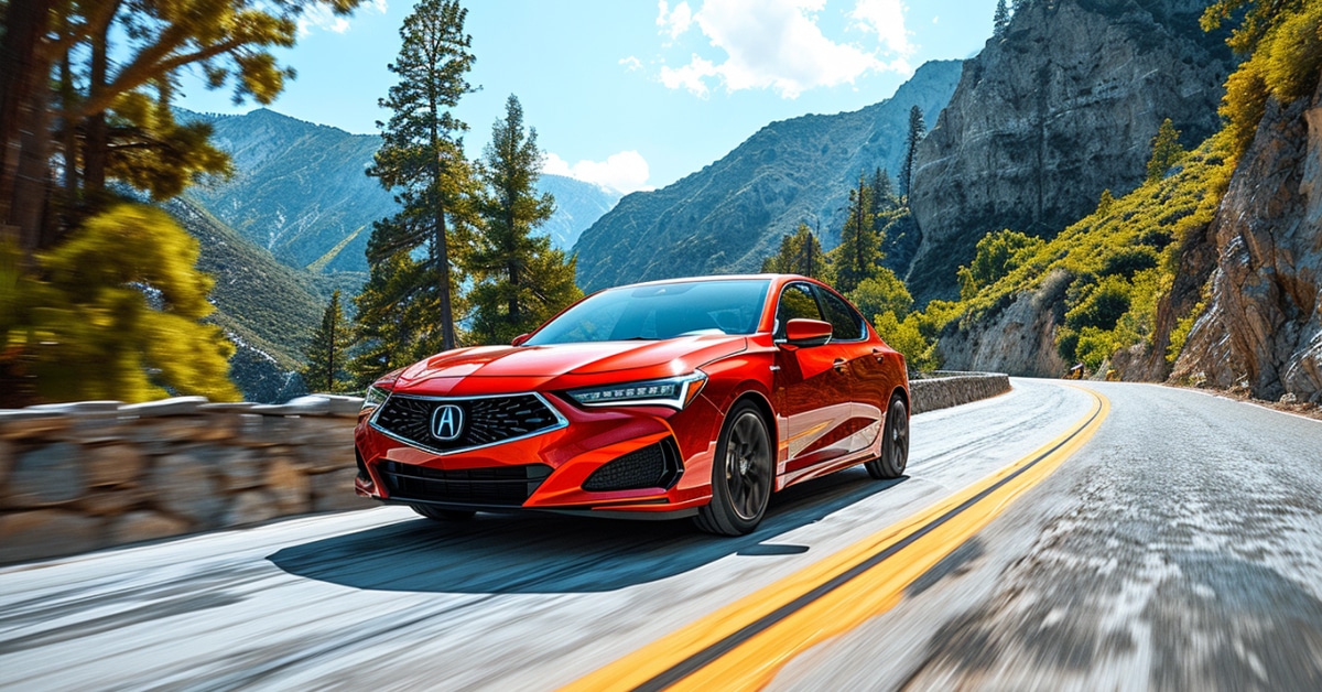 Red Acura ILX driving fast up scenic mountain highway