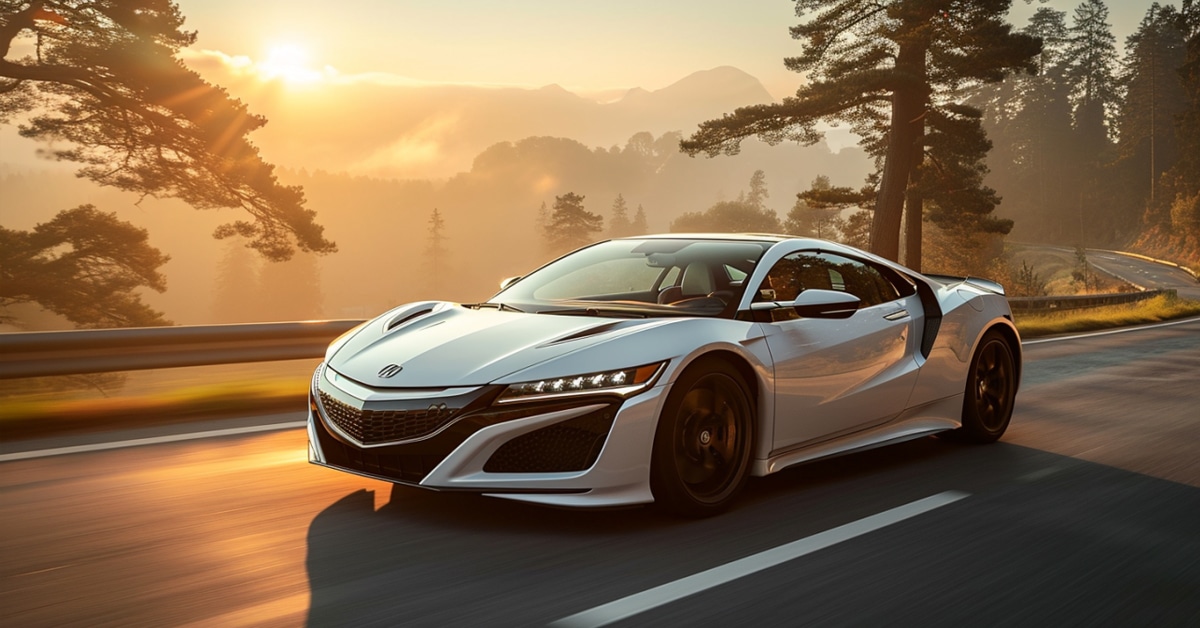 White Acura NSX driving up windy mountain road at sunset