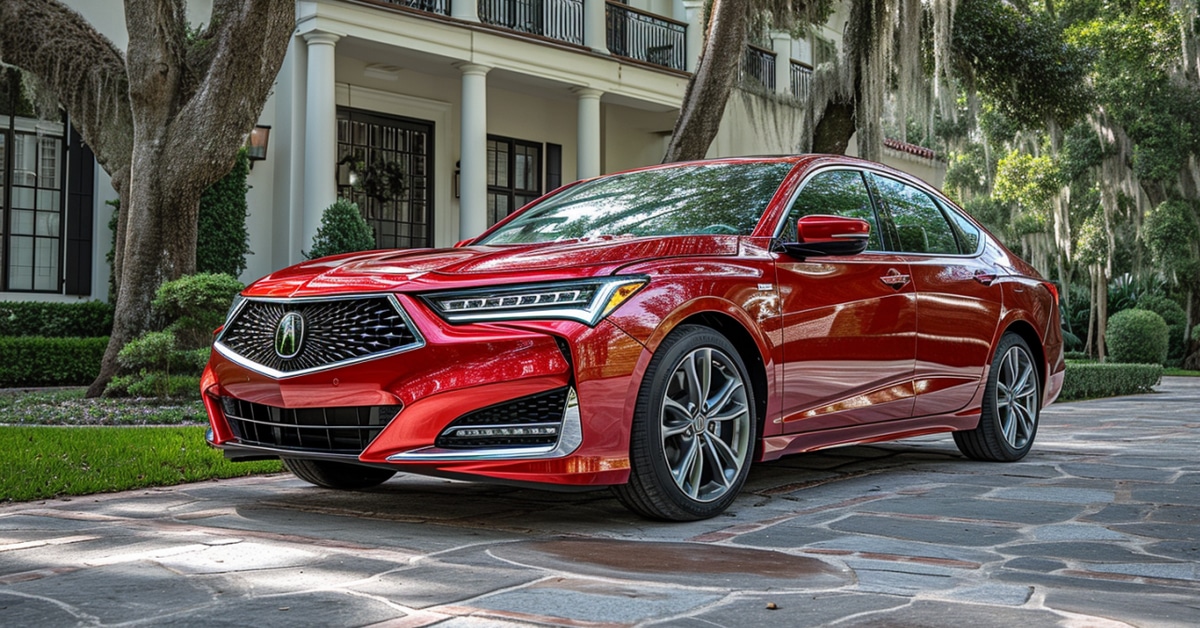 Red Acura RLX parked in front of nice southern home