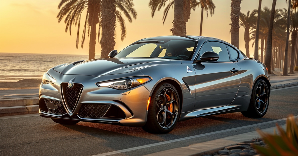 Alfa Romeo Giulia driving on beach front road at dusk