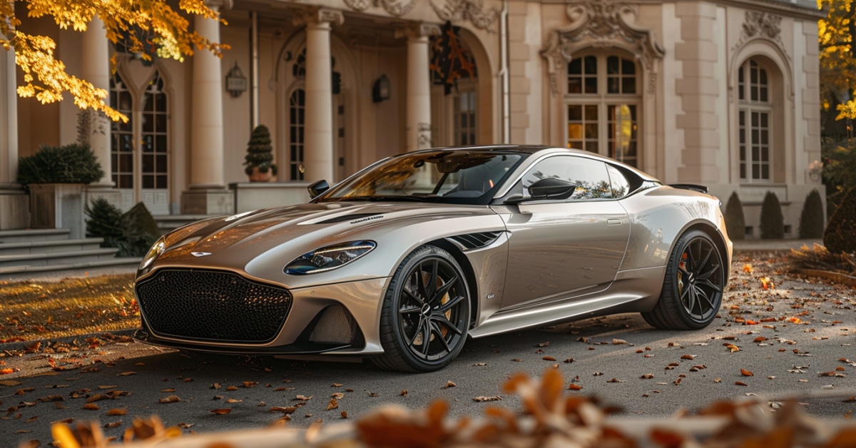 Aston Martin DBS parked in front of luxury home in the fall