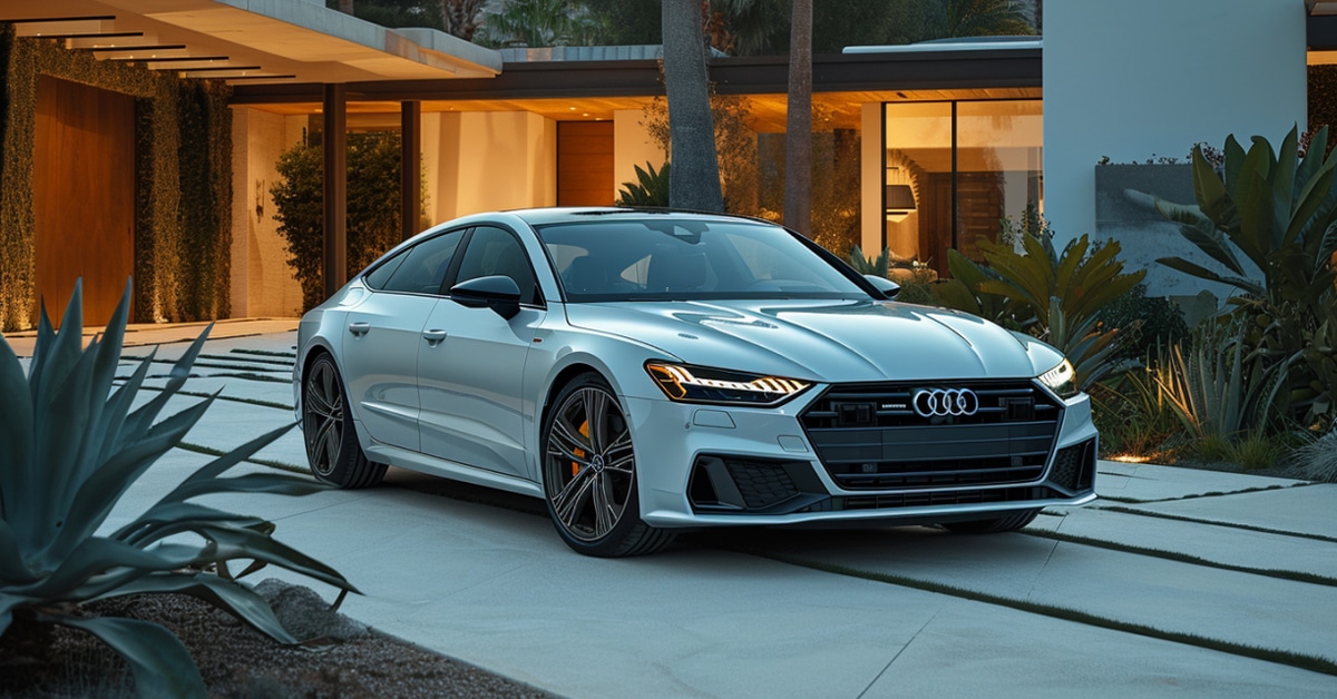 White Audi A7 parked in driveway of modern home