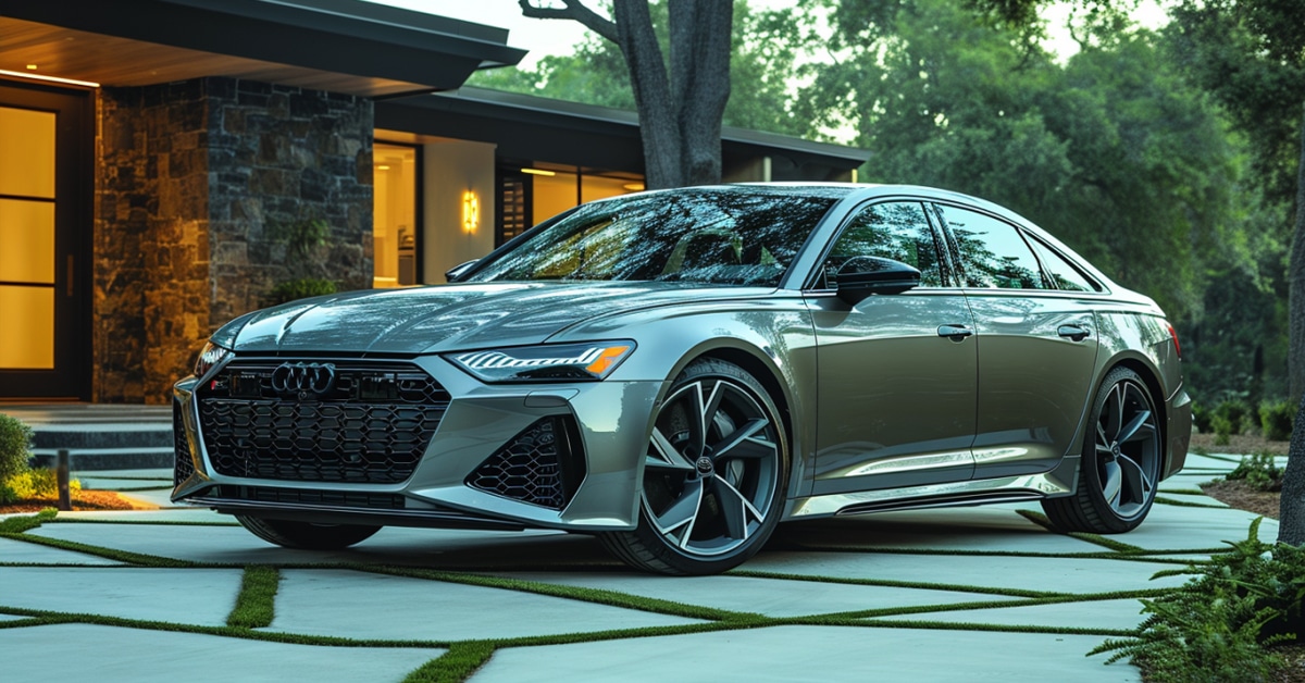 Audi S6 parked on flagstone driveway of modern home