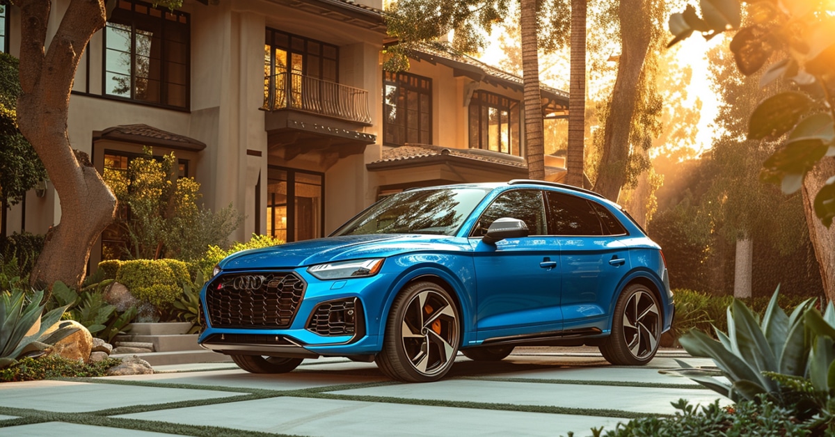 Blue Audi SQ5 parked in front of modern home in the morning