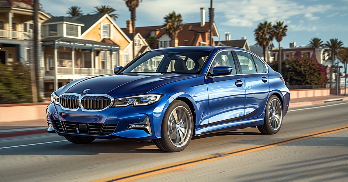 Blue BMW 330e driving through quaint seaside town