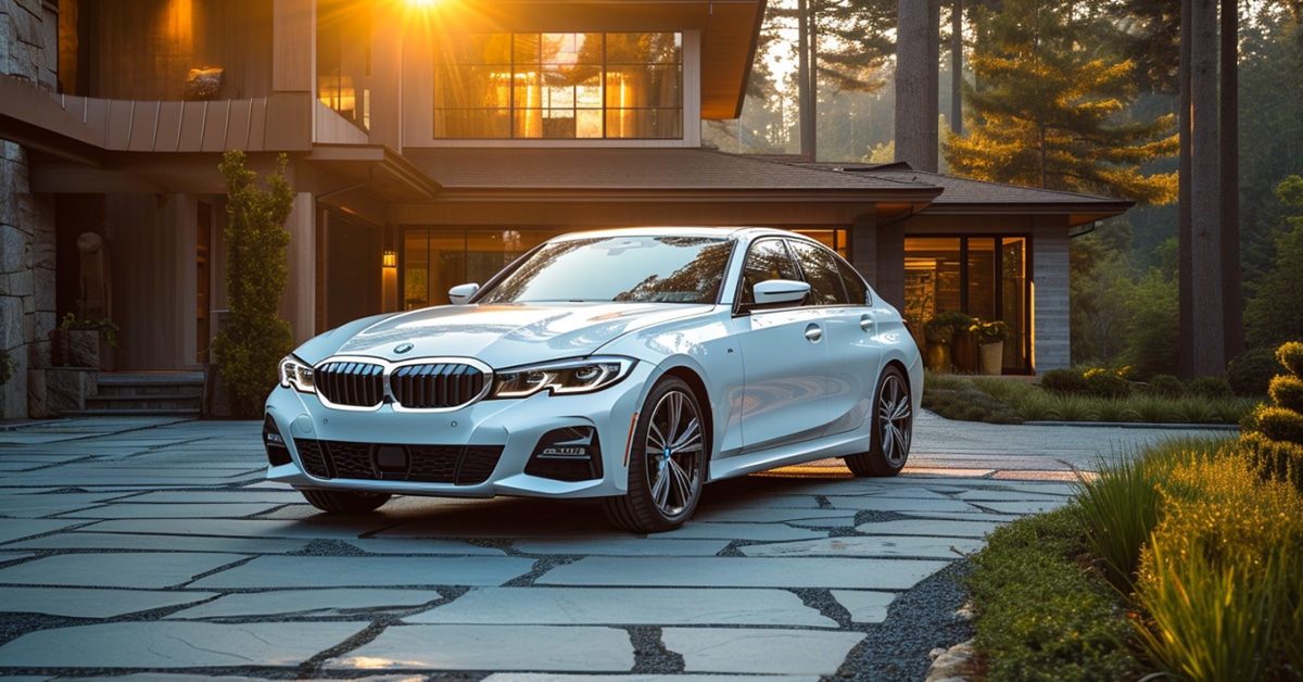 White BMW 330i parked in driveway of luxury mountain home
