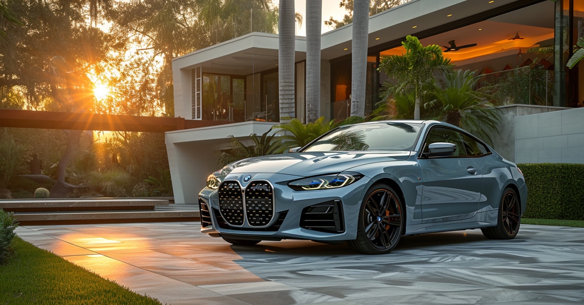 BMW 440i parked in front of upscale modern home at sunset