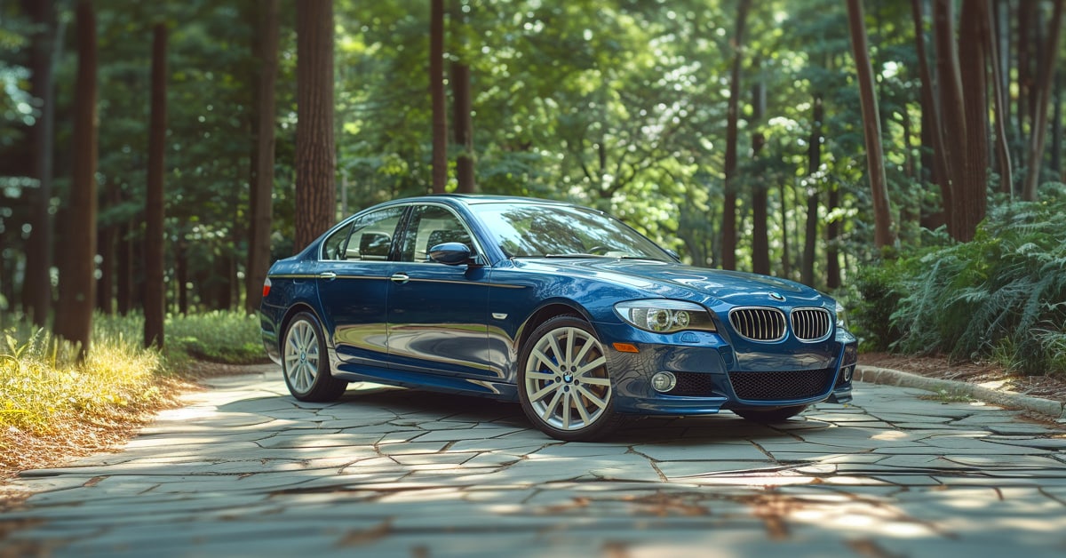 Blue 2007 BMW 530xi parked on flagstone path