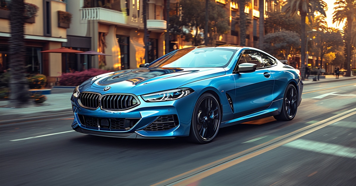 Blue BMW 850i driving through city late day