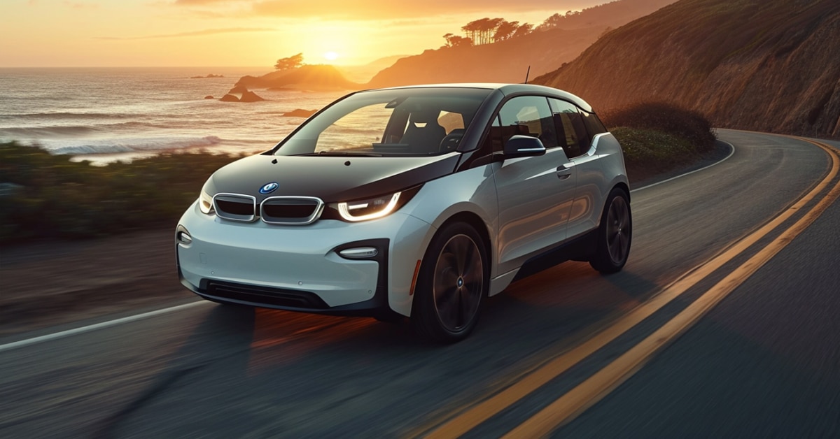 BMW i3 driving on a coastal highway as the sun sets behind it