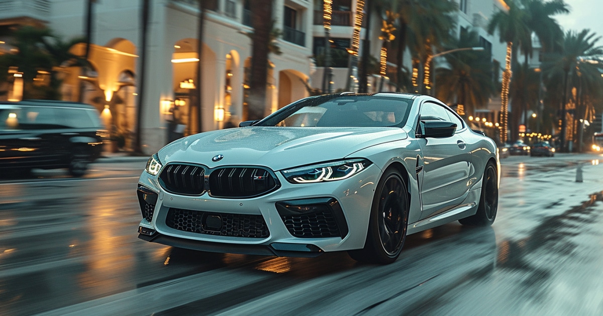 BMW M8 driving fast through city