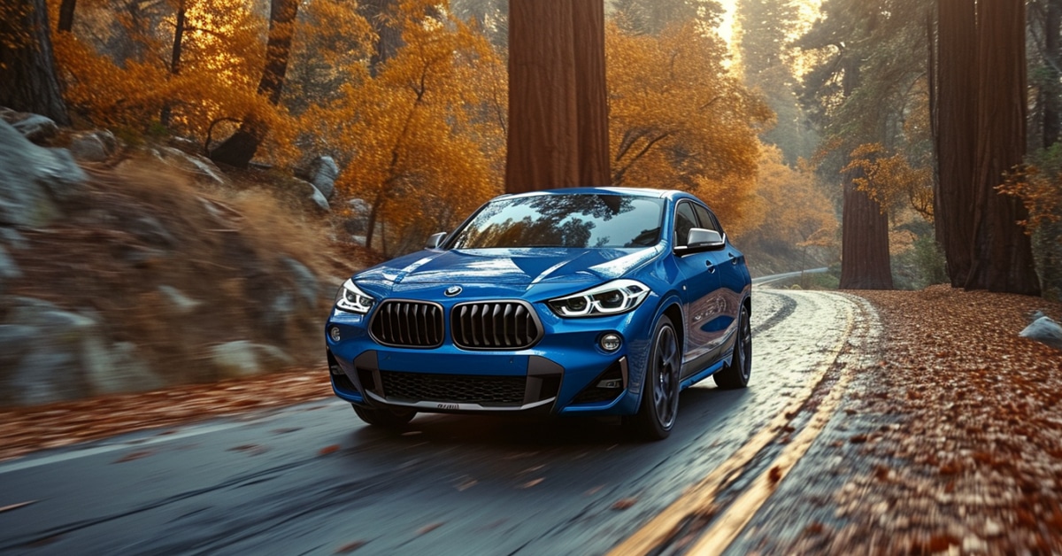 Blue BMW X2 driving on a curvy forest road in the fall