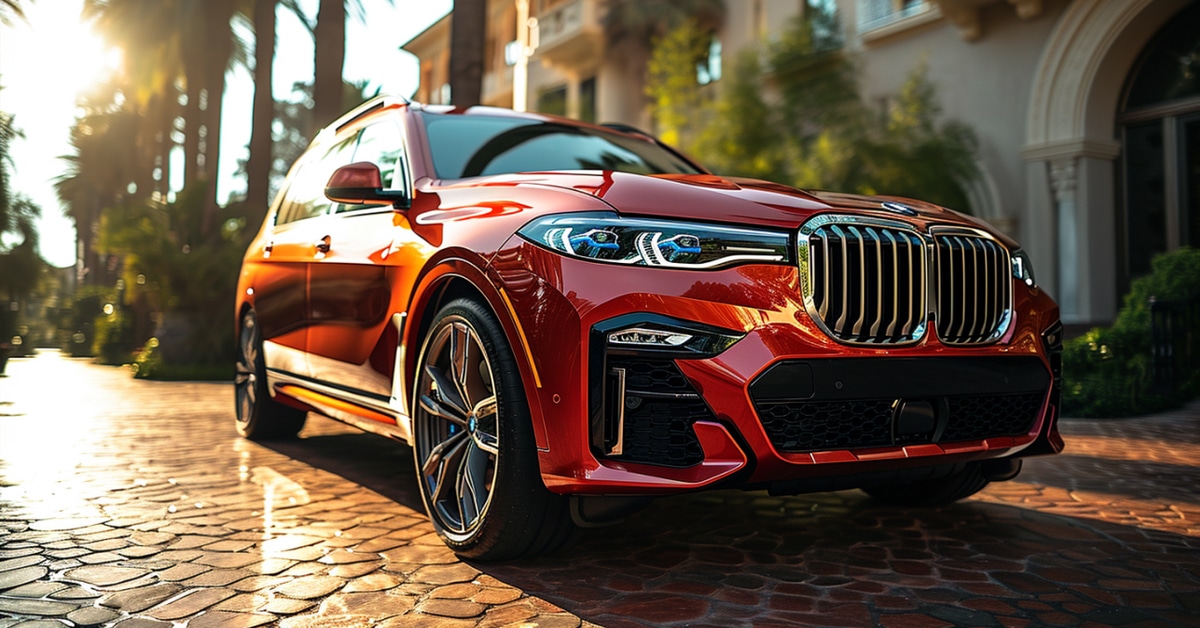 Photo of a red BMW X7 parked in front of luxury home