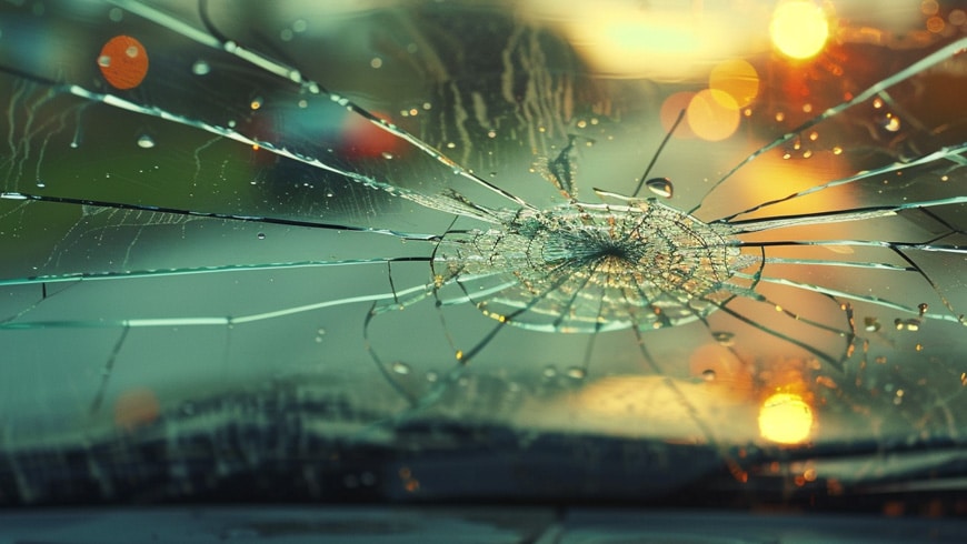 windshield broken by rock impact with cracks