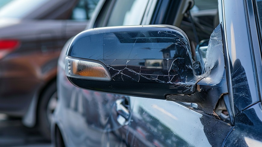 car in parking lot with damaged passenger side mirror