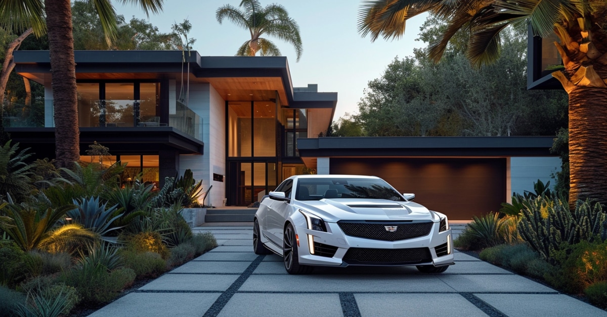 White Cadillac ATS in driveway of very modern home