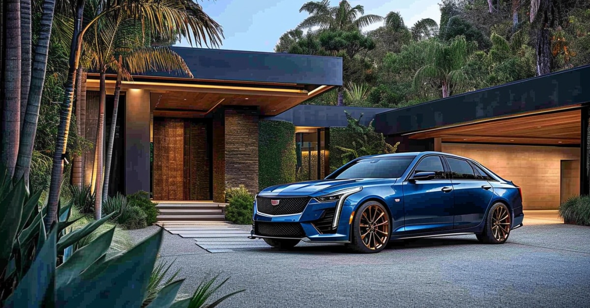 Blue Cadillac CT6 parked in front of luxury home