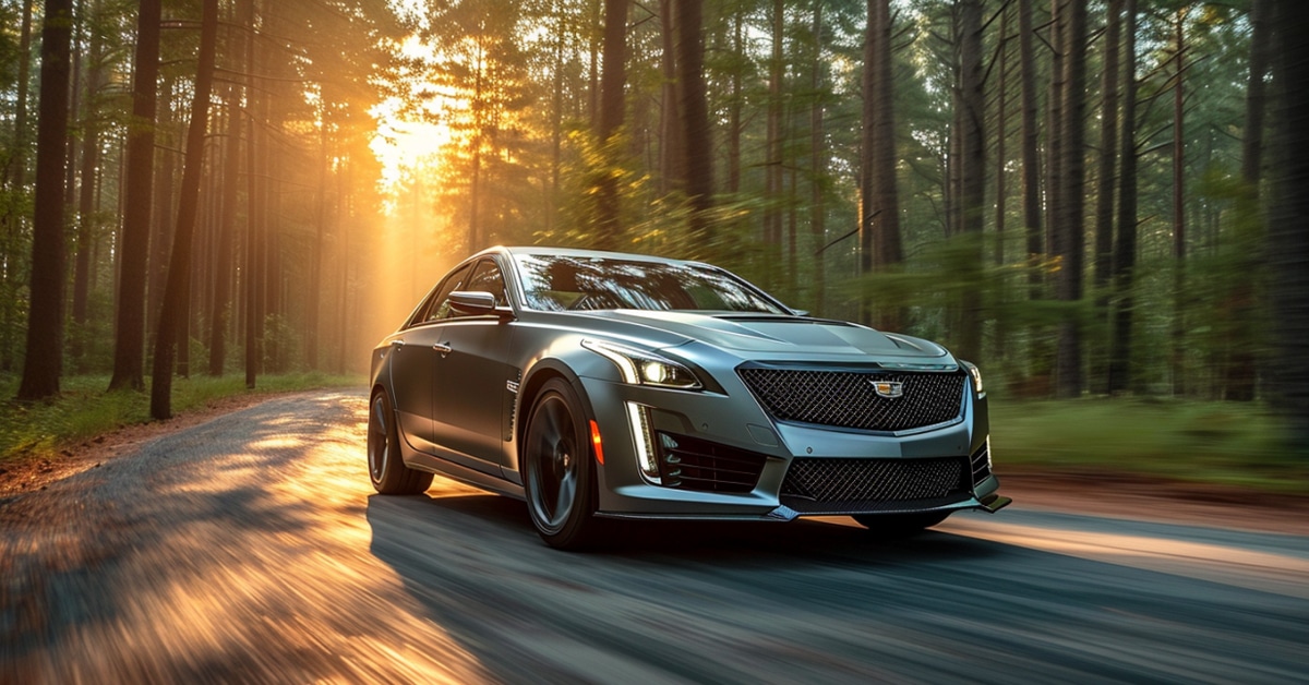 Cadillac CTS-V driving fast through woods in the morning