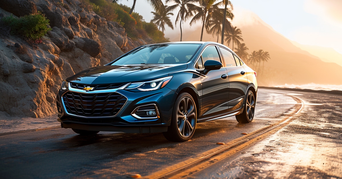 Chevrolet Cruze driving up ocean-side highway in tropical location