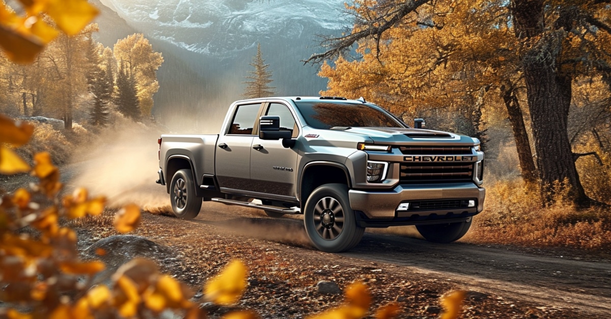 Chevrolet Silverado 3500 HD driving on dirt road in mountains