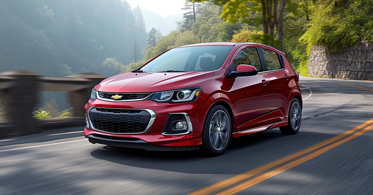 Red Chevrolet Sonic driving up scenic mountain highway