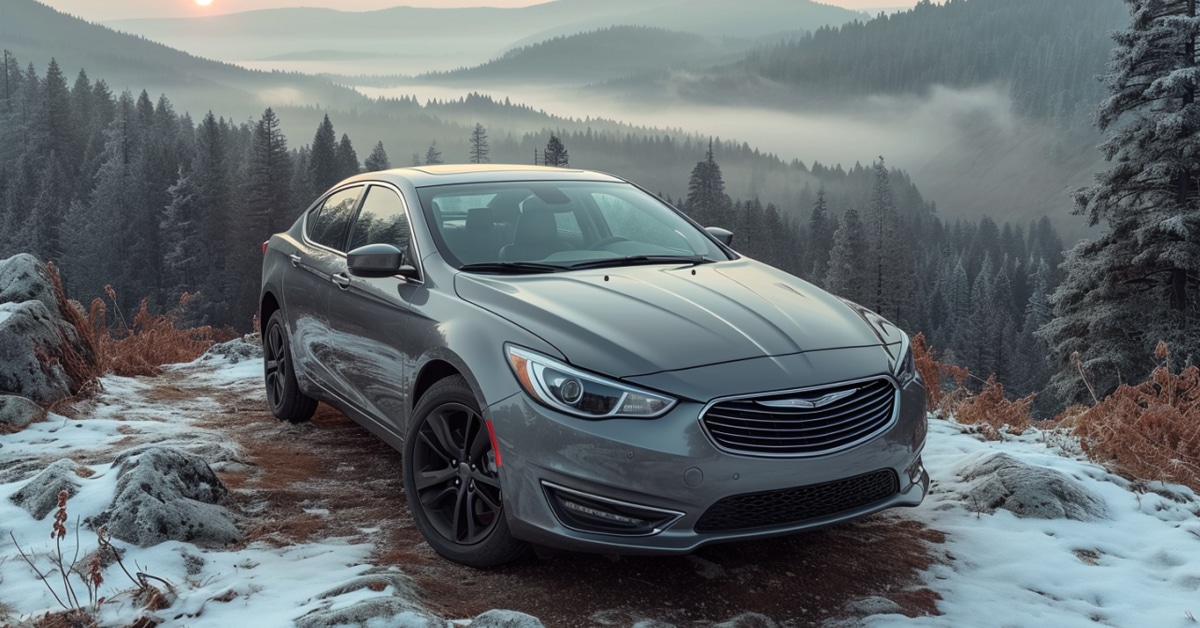 Chrysler 200 parked at scenic mountain overlook with snow