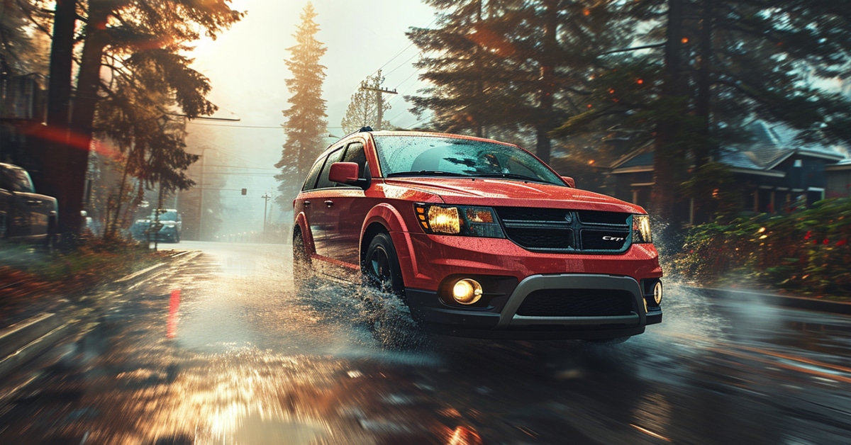 Dodge Journey driving on a wet road in the rain through a quaint mountain town