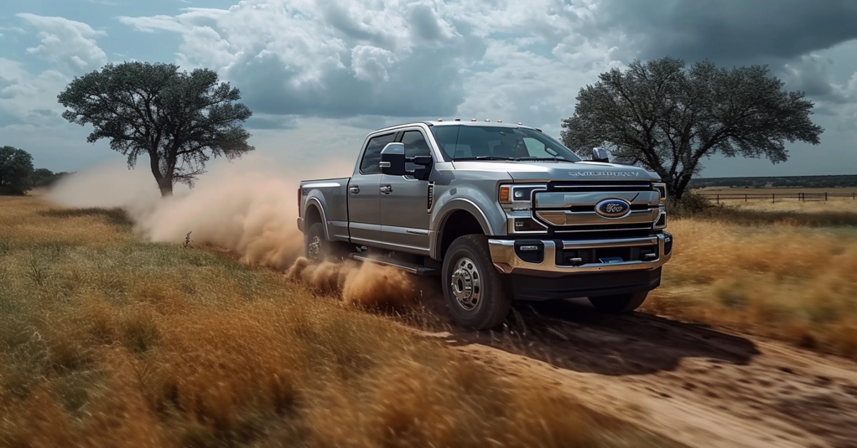 Ford F-450 Super Duty driving on dusty Texas ranch road