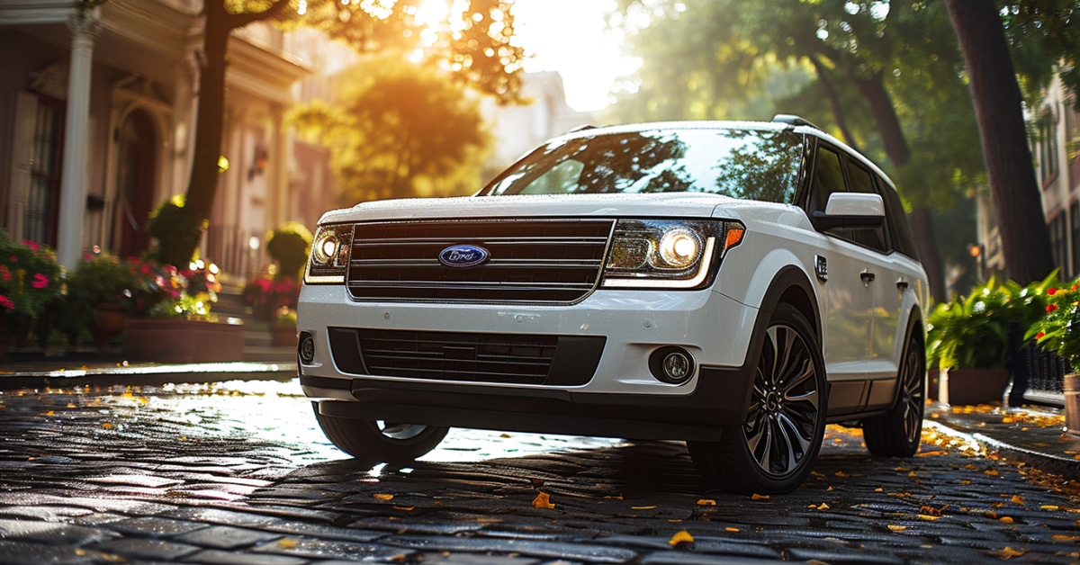 White Ford Flex parked on residential street in late afternoon sunshine