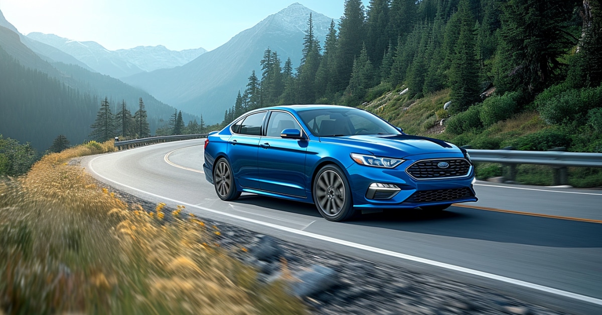Blue Ford Taurus driving on a curvy mountain road with scenic background