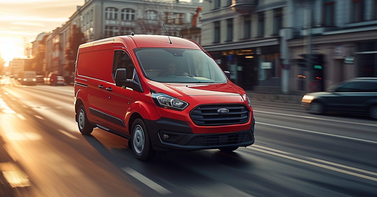 Ford Transit Connect van driving through city traffic at dusk