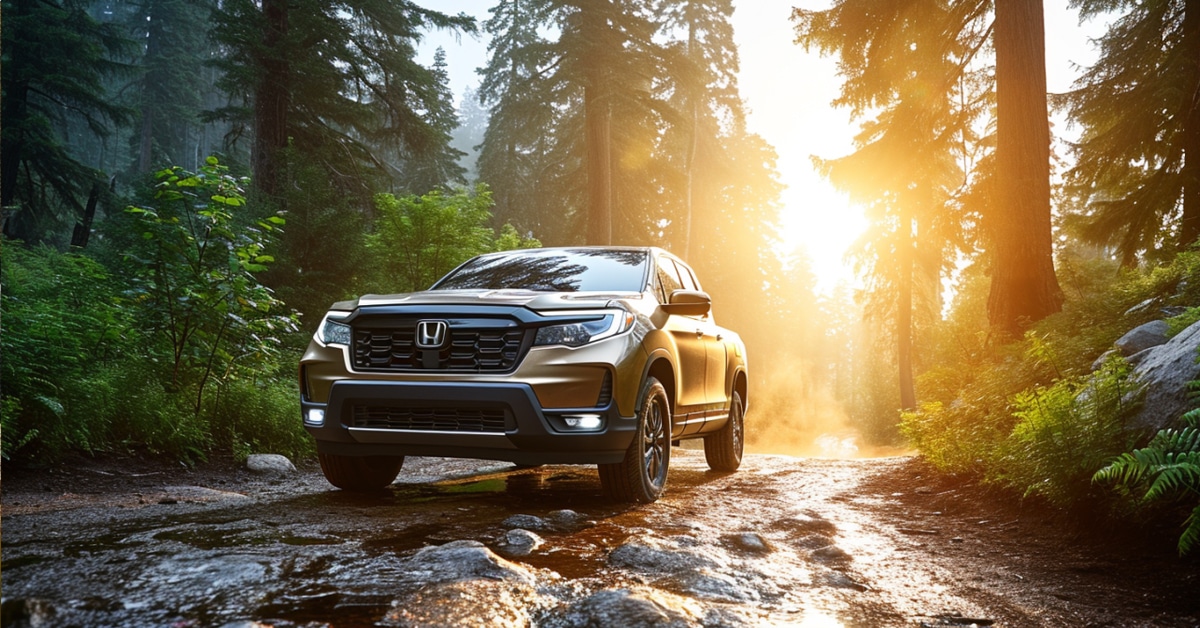 Honda Ridgeline driving on rocky mountain road in morning light