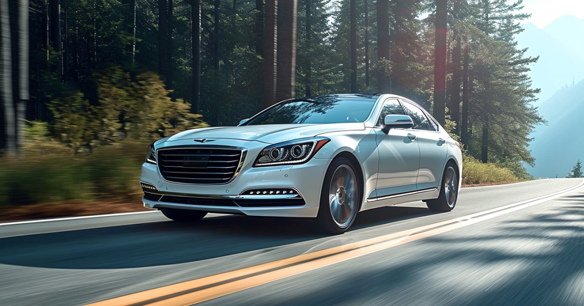 Hyundai Genesis driving in mountains on nice summer day