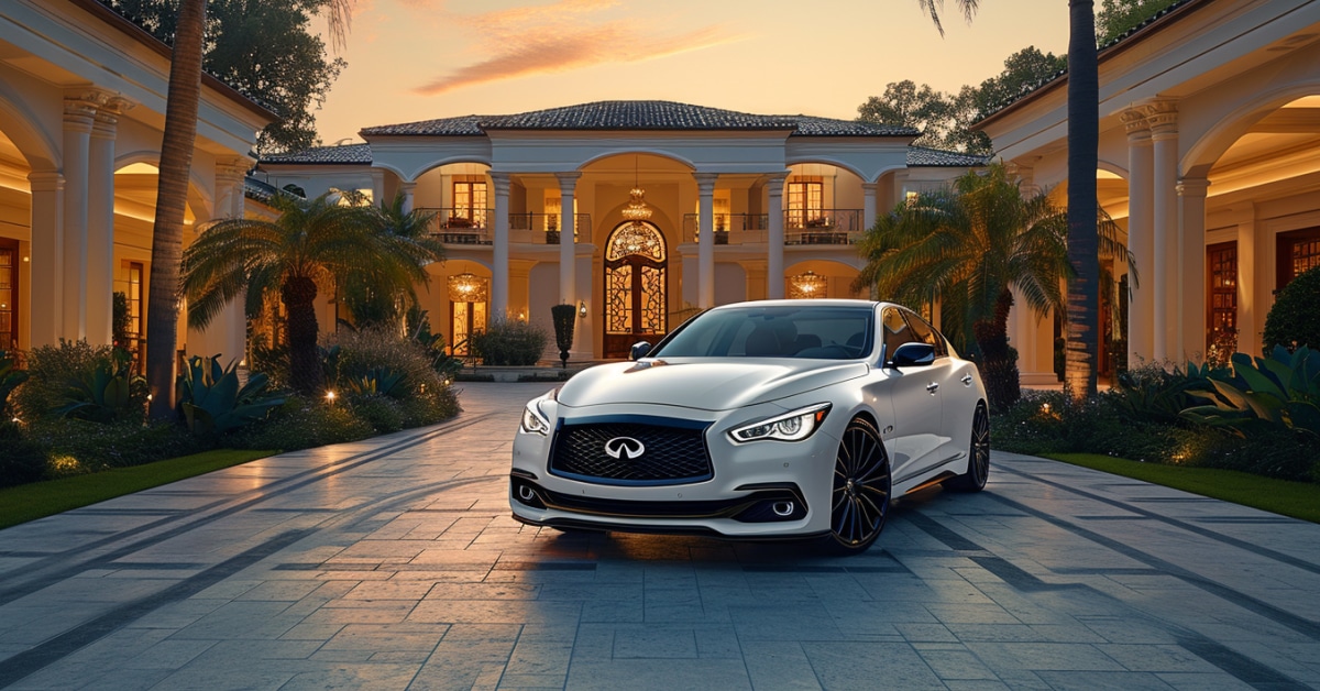 White Infiniti Q70 parked in front of luxury mansion at dusk