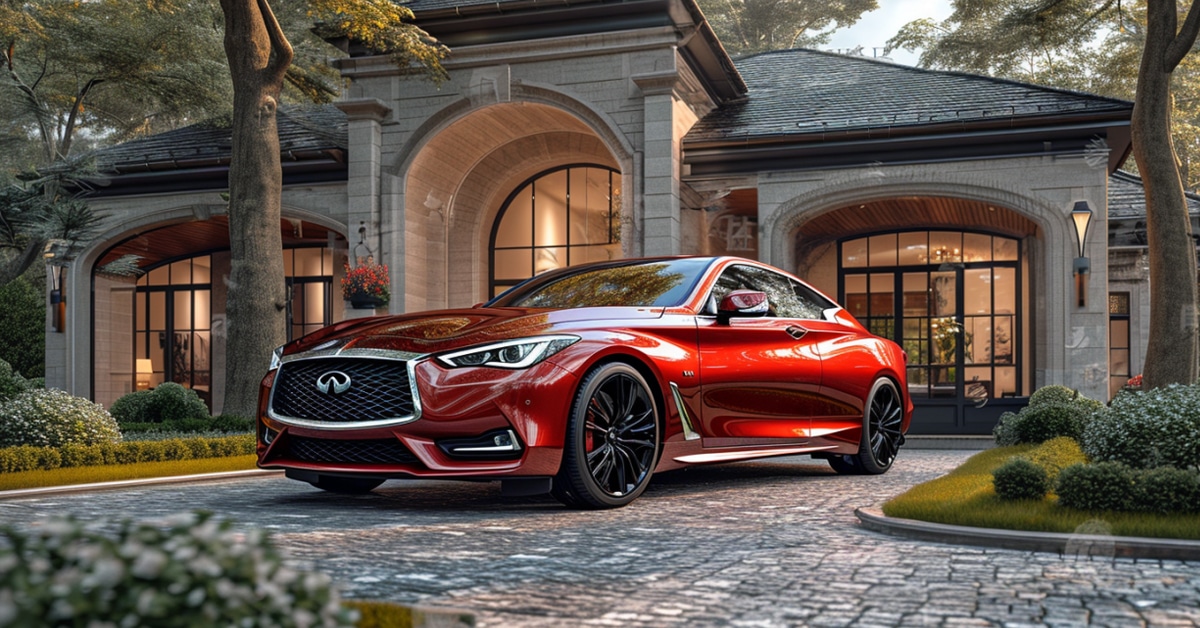 Red Infiniti Q70L parked on brick driveway of luxury stone home