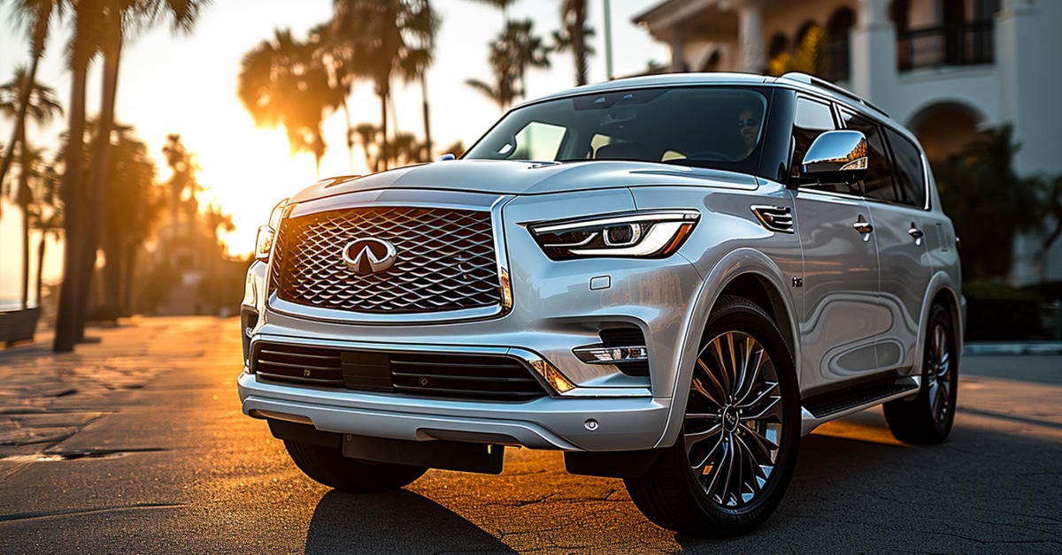 White Infiniti QX80 parked in front of luxury home