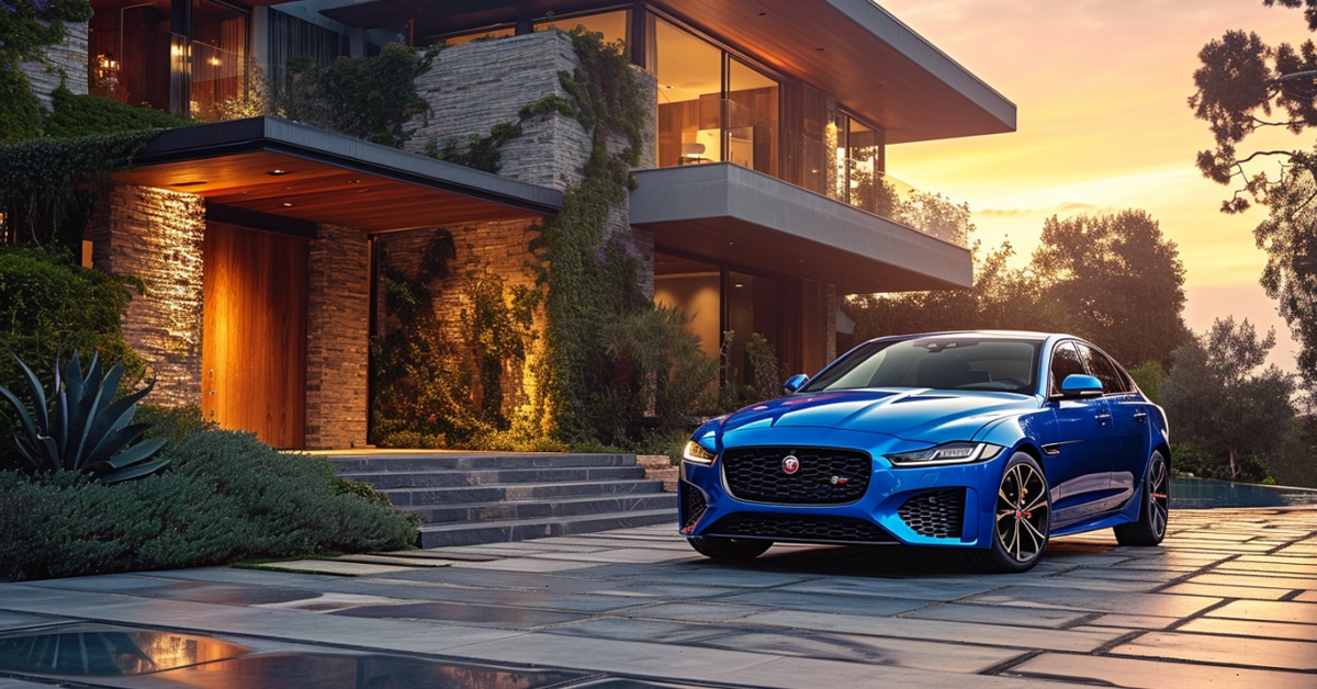 Jaguar XE parked in front of very modern home at dusk