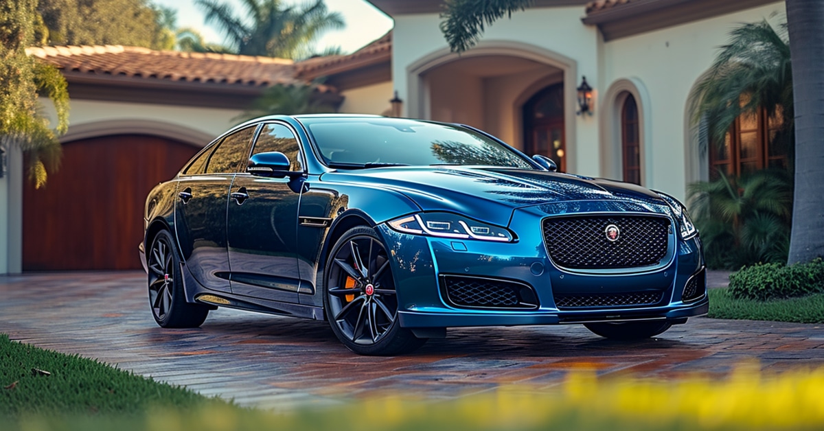 Blue Jaguar XJ parked in driveway of nice home