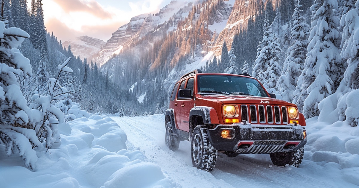 Jeep Patriot driving through snow in mountains