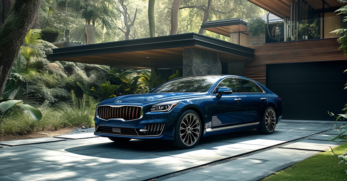 Blue Kia K900 parked in driveway of ultra-modern home