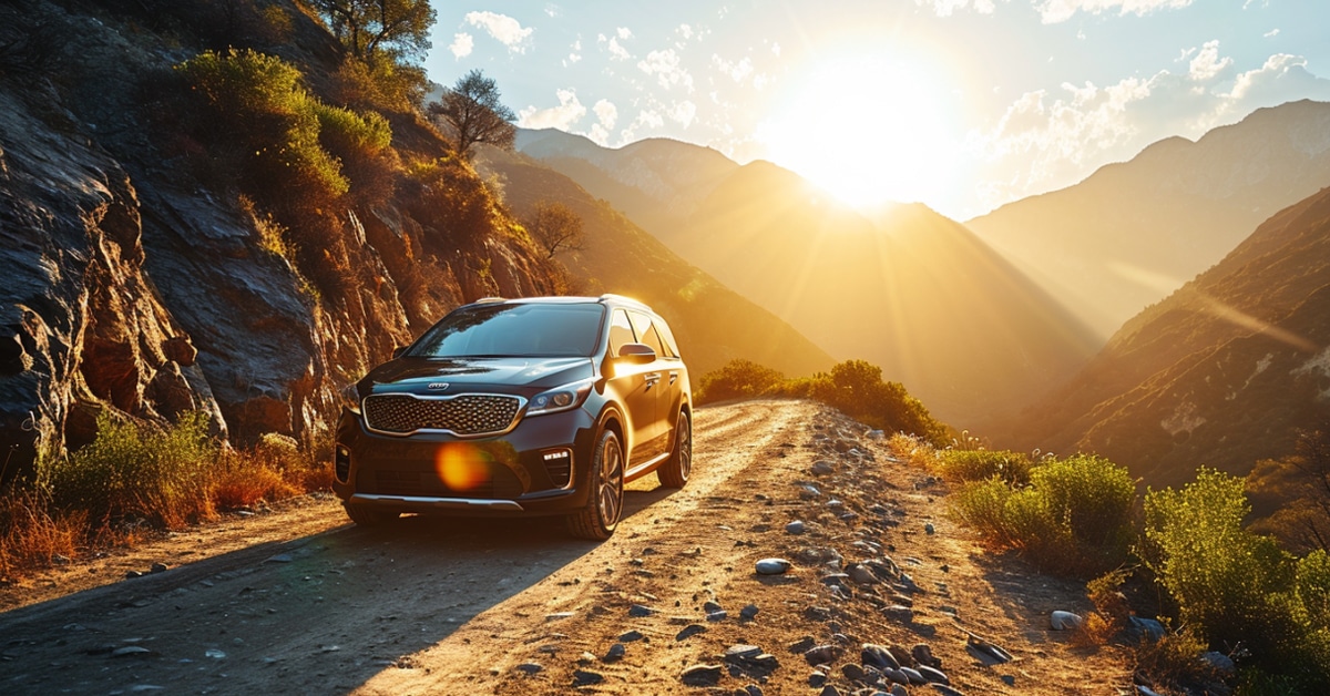 Black Kia Sedona minivan driving in beautiful mountains at sunrise