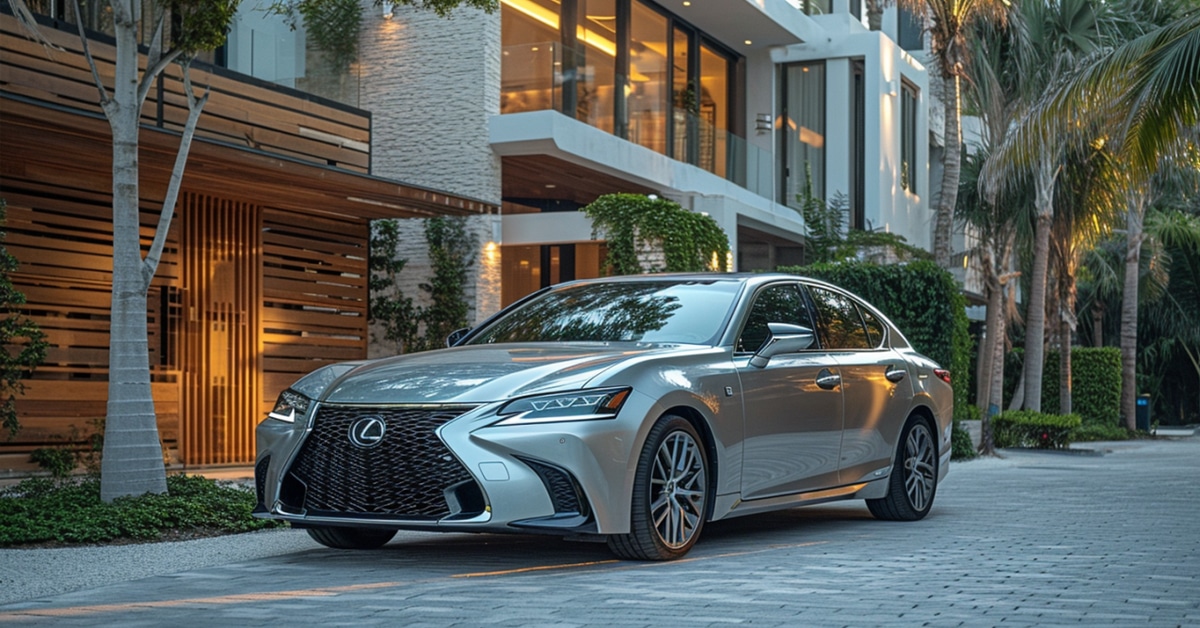Silver Lexus GS 350 parked in driveway of ultra-modern luxury home