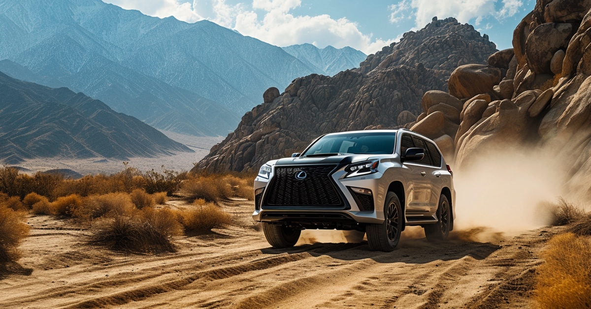 White Lexus GX 460 driving on dusty, sandy road through desert mountains