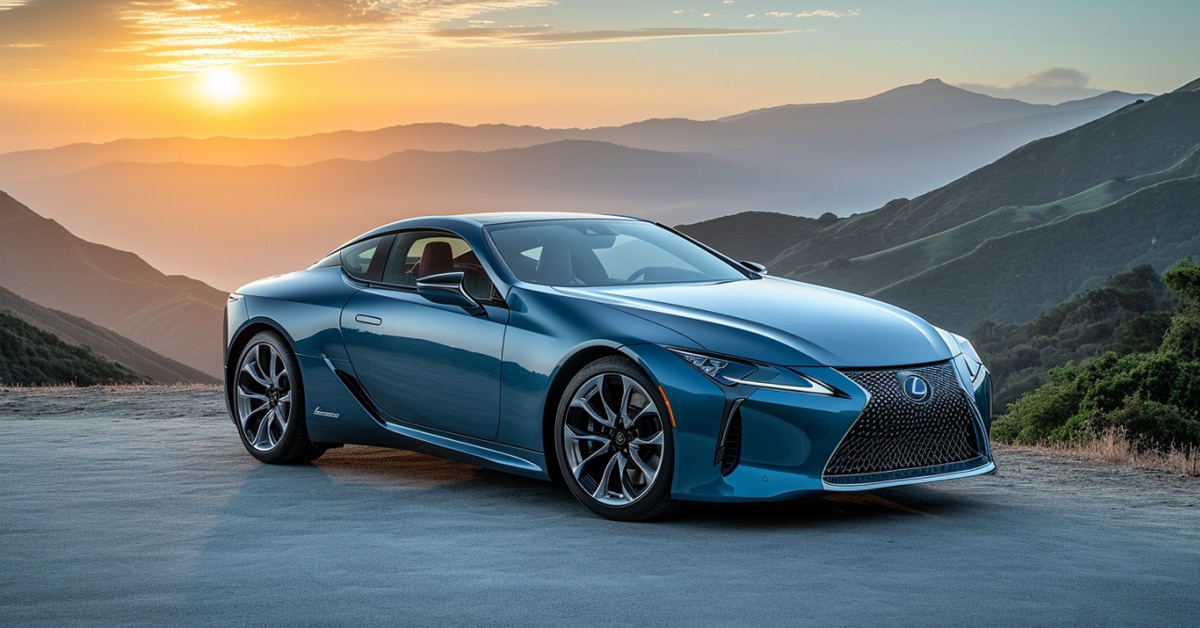 Lexus LC 500 parked at scenic mountain overlook at sunrise