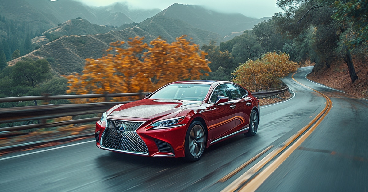 Red Lexus LS 460 driving fast up mountain highway in fall after rain shower