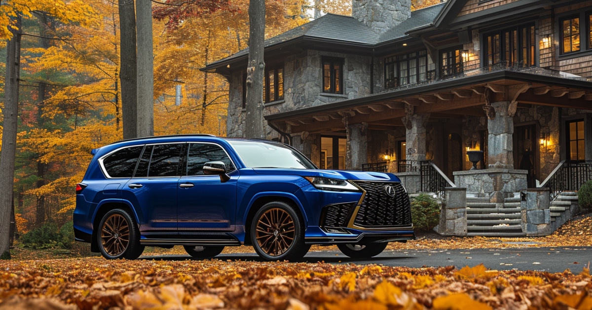 Blue Lexus LX 570 parked in front of luxury home in fall