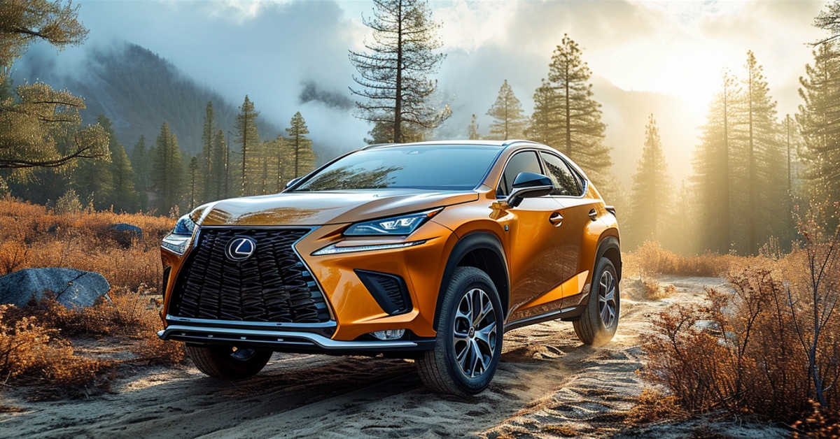 Lexus NX 300 driving on sandy trail in mountains with cloud-filled valley and sunset in background