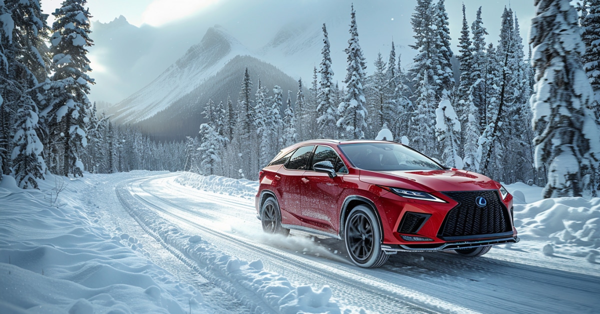 Red 2022 Lexus RX 450h driving on a snow packed mountain road